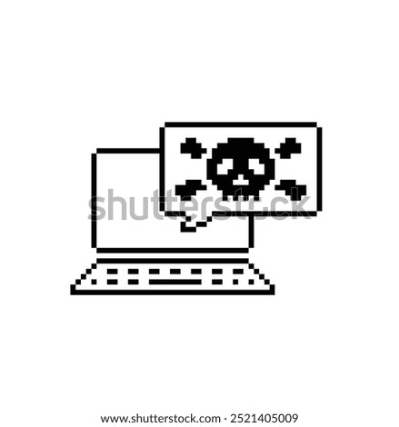 pixel laptop with Virus skull icon. Vector pixel art Hacker cyber computer pc 8 bit logo for game