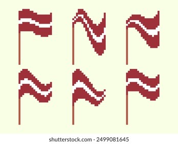 Pixel Latvia flag icon set isolated on white background. Waving flag of Latvia in 8-bit retro graphics style from the 80s. Design in pixel art style for banners and posters. Vector illustration