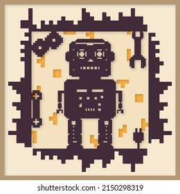 Pixel layered robot. Paper craft, paper cutting, shadow box.  