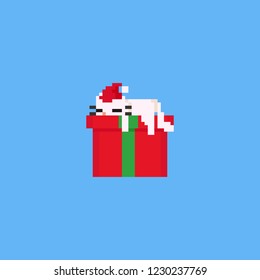 Pixel lazy cat sleeping on the gift box.Christmas.8bit.