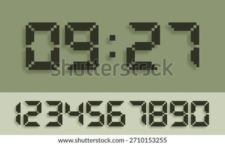 Pixel LCD numbers. Retro digital figures for a electronic devices. Classic vintage calculators, timers or scoreboard screens. Vector illustration.