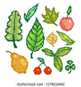 Pixel leaves of maple, oak, clover etc. Pixel apple, cherry, pear. Old school graphic set. 