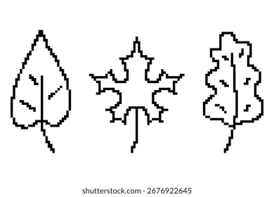 pixel leaves outline set isolated vector illustration autumn nature foliage collection 8bit retro style maple oak birch simple digital line art icons for games seasonal design print and decoration