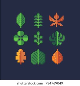 pixel leaves set, vector illustration isolated on dark background