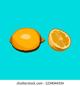 Pixel lemon icon. Vector citrus fruit on blue background.