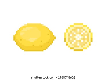 Pixel lemon illustration. Vector pixel art yellow lemon of grapes. 8 bit retro game style fruit lemon icon. Pixel fruit isolated icon on white background.
