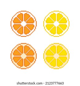 pixel lemon and orange icon vector set pixel art citrus fruits for 8 bit game