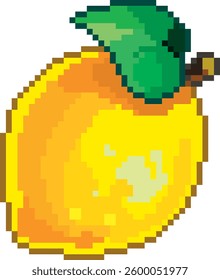 Pixel lemon. Vector yellow lemon with green leaf. Pixel art.