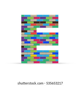 Pixel letter E from multicolored bricks isolated on a white background.