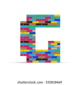 Pixel letter G from multicolored bricks isolated on a white background.