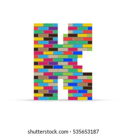 Pixel letter K from multicolored bricks isolated on a white background.