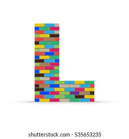Pixel letter L from multicolored bricks isolated on a white background.