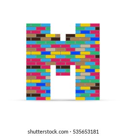 Pixel letter M from multicolored bricks isolated on a white background.