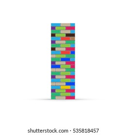 Pixel letter I from multicolored bricks isolated on a white background.