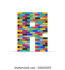 Pixel letter R from multicolored bricks isolated on a white background.