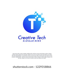 Pixel Letter T Logo designs, T Initial Tech Design Vector Template with Abstract Circle Pixel