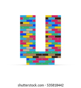 Pixel letter U from multicolored bricks isolated on a white background.