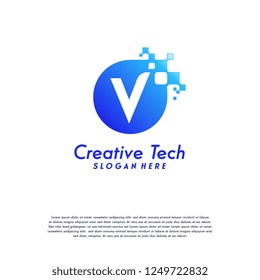 Pixel Letter V Logo designs, V Initial Tech Design Vector Template with Abstract Circle Pixel