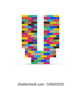 Pixel letter V from multicolored bricks isolated on a white background.