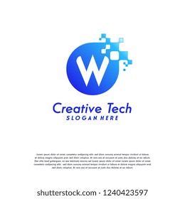 Pixel Letter W Logo designs, W Initial Tech Design Vector Template with Abstract Circle Pixel