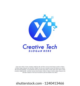 Pixel Letter X Logo designs, X Initial Tech Design Vector Template with Abstract Circle Pixel