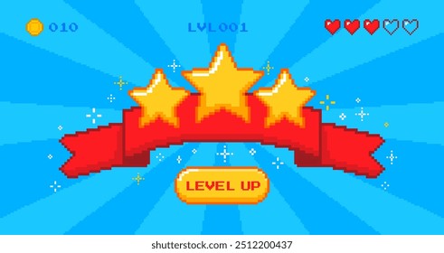 Pixel level up screen. Retro 8 bit video games achievement. Level up badge for arcade win computer game. Banner with stars, ribbon, hearts and level progress. Vector concept.