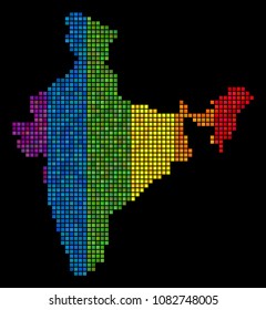 Pixel LGBT India map for lesbians, gays, bisexuals, and transgenders. Vector territorial plan in LGBT pride color hues on a black background. Rainbow gradient has horizontal direction.