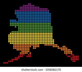 A pixel LGBT pride Alaska Map for lesbians, gays, bisexuals, and transgenders. Vector homosexual tolerance geographic map in LGBT flag colors on a white background.