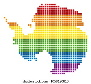 A pixel LGBT pride Antarctica Map for lesbians, gays, bisexuals, and transgenders. Vector homosexual tolerance geographic map in LGBT flag colors on a white background.