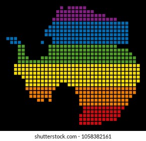 A pixel LGBT pride Antarctica Map for lesbians, gays, bisexuals, and transgenders. Vector homosexual tolerance geographic map in LGBT flag colors on a white background.