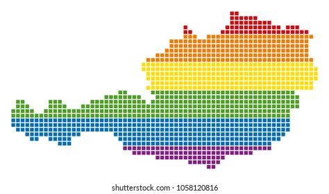 A pixel LGBT pride Austria Map for lesbians, gays, bisexuals, and transgenders. Vector homosexual tolerance geographic map in LGBT flag colors on a white background.