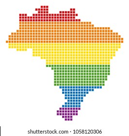 A pixel LGBT pride Brazil Map for lesbians, gays, bisexuals, and transgenders. Vector homosexual tolerance geographic map in LGBT flag colors on a white background.