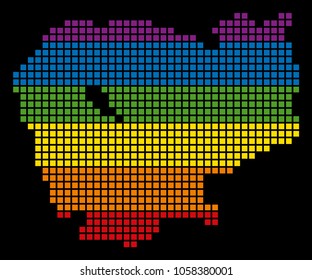 A pixel LGBT pride Cambodia Map for lesbians, gays, bisexuals, and transgenders. Vector homosexual tolerance geographic map in LGBT flag colors on a white background.