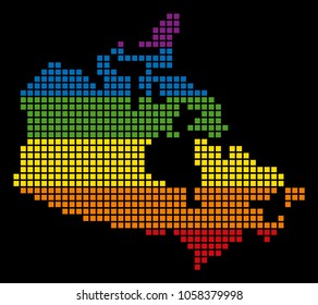 A pixel LGBT pride Canada Map for lesbians, gays, bisexuals, and transgenders. Vector homosexual tolerance geographic map in LGBT flag colors on a white background.