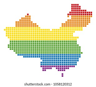A pixel LGBT pride China Map for lesbians, gays, bisexuals, and transgenders. Vector homosexual tolerance geographic map in LGBT flag colors on a white background.