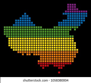 A pixel LGBT pride China Map for lesbians, gays, bisexuals, and transgenders. Vector homosexual tolerance geographic map in LGBT flag colors on a white background.