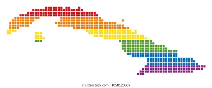 A pixel LGBT pride Cuba Map for lesbians, gays, bisexuals, and transgenders. Vector homosexual tolerance geographic map in LGBT flag colors on a white background.
