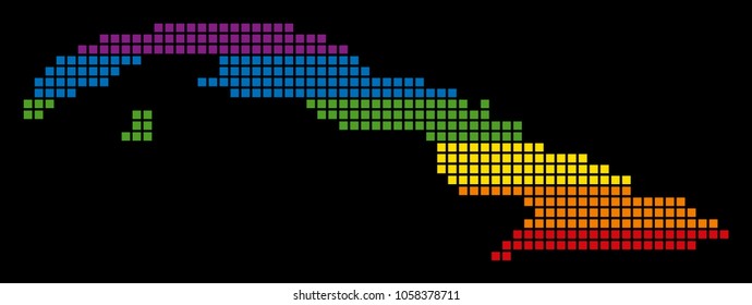 A pixel LGBT pride Cuba Map for lesbians, gays, bisexuals, and transgenders. Vector homosexual tolerance geographic map in LGBT flag colors on a white background.
