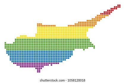 A pixel LGBT pride Cyprus Map for lesbians, gays, bisexuals, and transgenders. Vector homosexual tolerance geographic map in LGBT flag colors on a white background.