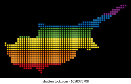 A pixel LGBT pride Cyprus Map for lesbians, gays, bisexuals, and transgenders. Vector homosexual tolerance geographic map in LGBT flag colors on a white background.