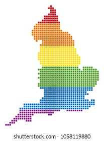 A pixel LGBT pride England Map for lesbians, gays, bisexuals, and transgenders. Vector homosexual tolerance geographic map in LGBT flag colors on a white background.
