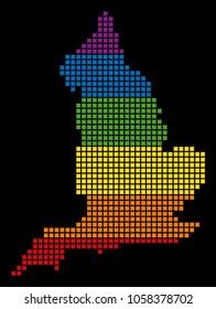 A pixel LGBT pride England Map for lesbians, gays, bisexuals, and transgenders. Vector homosexual tolerance geographic map in LGBT flag colors on a white background.