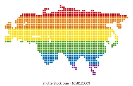 A pixel LGBT pride Eurasia Map for lesbians, gays, bisexuals, and transgenders. Vector homosexual tolerance geographic map in LGBT flag colors on a white background.