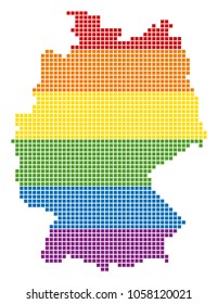 A pixel LGBT pride Germany Map for lesbians, gays, bisexuals, and transgenders. Vector homosexual tolerance geographic map in LGBT flag colors on a white background.