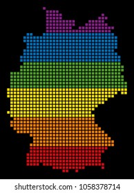 A pixel LGBT pride Germany Map for lesbians, gays, bisexuals, and transgenders. Vector homosexual tolerance geographic map in LGBT flag colors on a white background.