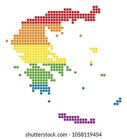 A pixel LGBT pride Greece Map for lesbians, gays, bisexuals, and transgenders. Vector homosexual tolerance geographic map in LGBT flag colors on a white background.