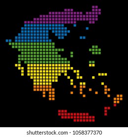 A pixel LGBT pride Greece Map for lesbians, gays, bisexuals, and transgenders. Vector homosexual tolerance geographic map in LGBT flag colors on a white background.