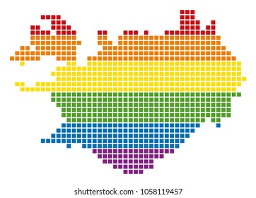 A pixel LGBT pride Iceland Map for lesbians, gays, bisexuals, and transgenders. Vector homosexual tolerance geographic map in LGBT flag colors on a white background.