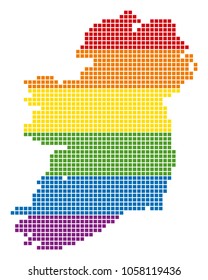 A pixel LGBT pride Ireland Map for lesbians, gays, bisexuals, and transgenders. Vector homosexual tolerance geographic map in LGBT flag colors on a white background.