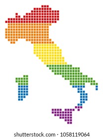 A pixel LGBT pride Italy Map for lesbians, gays, bisexuals, and transgenders. Vector homosexual tolerance geographic map in LGBT flag colors on a white background.